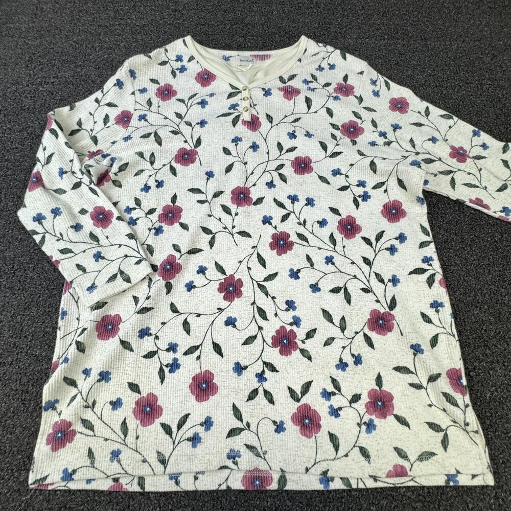 NorthCrest Tunic T-Shirt Womens 2X White Floral Button Crew Neck Long Sleeve